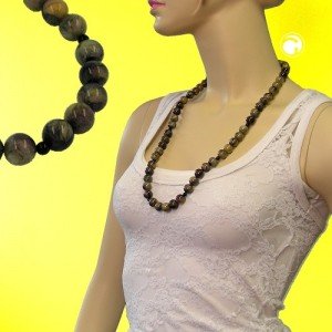 Collier Halskette Perlen 12mm oliv-schwarz-marmor 75cm