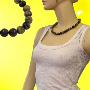 Collier Halskette Perlen 12mm oliv-schwarz-marmor 50cm