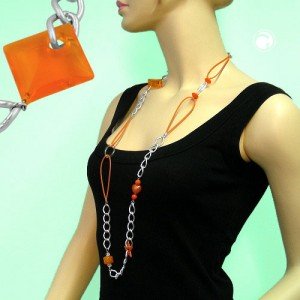 Collier Halskette orange-silber-kristall 100cm