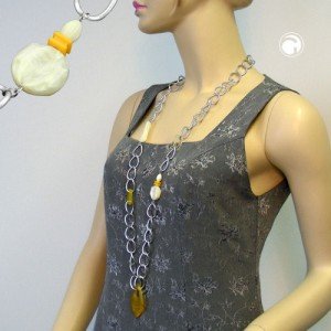 Collier Halskette Weitpanzer Perle beige-gelb 100cm