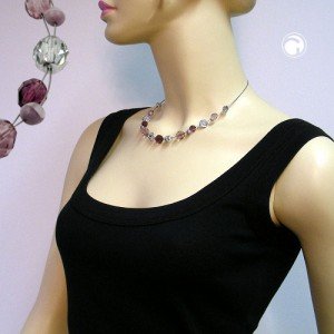 Collier Halskette Glas lila-silber Draht 43cm