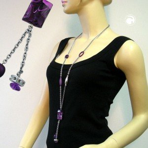 Collier Halskette Viereck lila-weiß-marmoriert 90cm