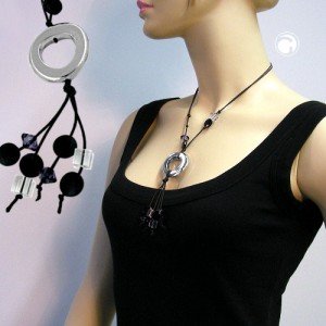 Collier Halskette Knochenring chrom schwarz 90cm