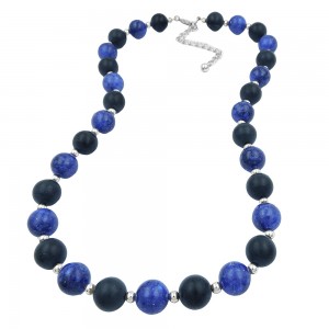 Collier Perlen schwarz blau silber 50cm