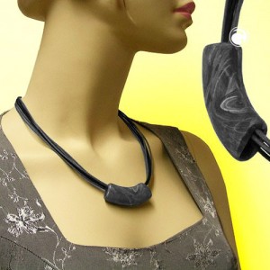 Collier Halskette Rohr flach-gebogen grau-schwarz 45cm