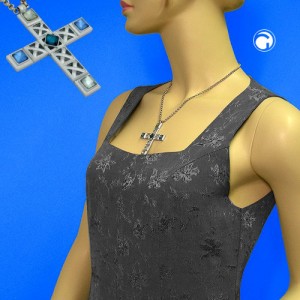 Collier Halskette Kreuz silber-matt blau-türkis 46cm