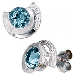 Ohrstecker 585 Weißgold 2 Aquamarine blau 10 Diamanten Brillanten Ohrringe