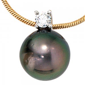 Collier Kette mit Anhänger 585 Gold 1 Tahiti Perle 1 Diamant Brilllant 42cm