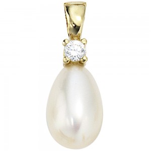 Anhänger 333 Gelbgold 1 Süßwasser Perle 1 Zirkonia Perlenanhänger