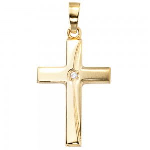 Anhänger Kreuz 333 Gelbgold mattiert 1 Zirkonia Kreuzanhänger Goldkreuz