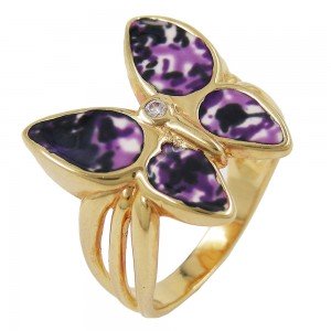 Ring Schmetterling lila farbig lackiert 3 Mikron vergoldet Größe 64