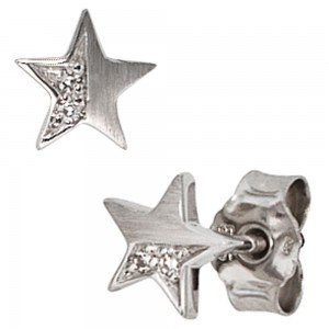 Ohrstecker Stern 585 Weißgold matt 1 Diamant Brillant 0,022ct. Ohrringe