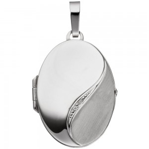 Medaillon oval 585 Weißgold mattiert 2 Diamanten Anhänger zum Öffnen