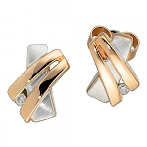 Ohrstecker 585 Rotgold bicolor teilmatt 2 Diamanten Brillanten Ohrringe