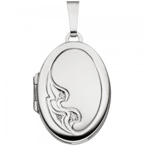 Medaillon oval 585 Weißgold mattiert 3 Diamanten Anhänger zum Öffnen