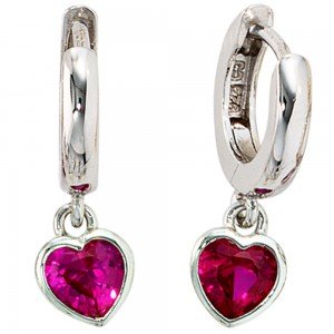 Kinder Creolen Herz 925 Sterling Silber 2 Zirkonia rot Ohrringe Kinderohrringe