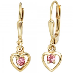 Kinder Boutons Herz 333 Gelbgold 2 Glassteine rosa rosé Ohrringe Ohrhänger
