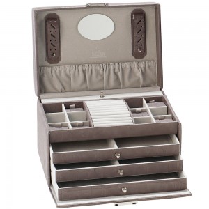 Sacher Schmuckkoffer Schmuckkasten Leder grau Schubladen abschließbar Schloss