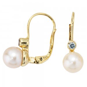 Boutons 333 Gelbgold 2 Süßwasser Perlen 2 Zirkonia Ohrringe Ohrhänger