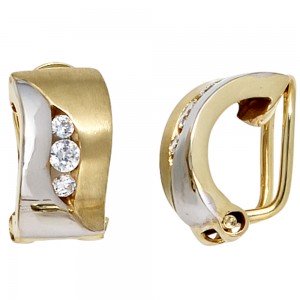 Ohrclips 333 Gelbgold bicolor mattiert 6 Zirkonia Ohrringe Clips