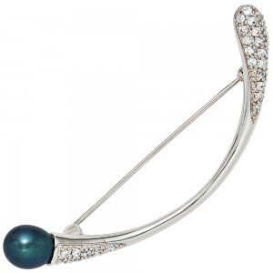 Brosche 925 Sterling Silber rhodiniert mit Zirkonia Silberbrosche Perlenbrosche