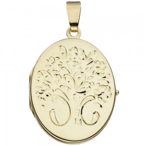 Medaillon oval Blumen 585 Gelbgold Anhänger zum Öffnen