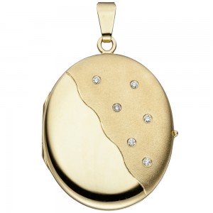 Medaillon oval 585 Gelbgold mattiert 6 Diamanten Anhänger zum Öffnen