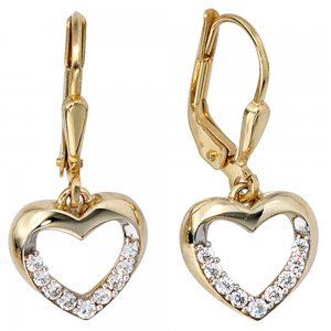 Boutons Herz 333 Gelbgold bicolor mit Zirkonia Ohrringe Ohrhänger