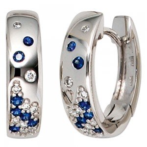 Creolen 585 Weißgold 18 Diamanten Brillanten 14 Safire blau Ohrringe