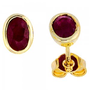 Ohrstecker oval 585 Gelbgold 2 Rubine rot Ohrringe Goldohrstecker