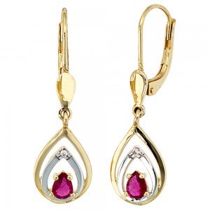 Boutons 585 Gelbgold 2 Diamanten Brillanten 2 Rubine rot Ohrringe Ohrhänger