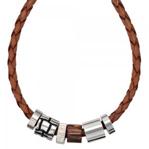 Collier Halskette Leder braun mit Edelstahl und Holz 45cm Kette Lederkette