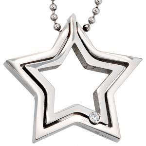 Collier Kette mit Anhänger Stern Edelstahl 1 Kristall 48cm Halskette