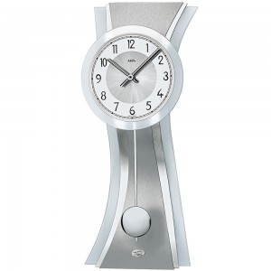 Wanduhr Quarz mit Pendel silbern modern geschwungen Pendeluhr mit Glas