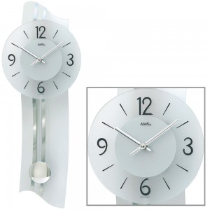 Wanduhr Quarz mit Pendel silbern modern geschwungen Pendeluhr mit Mineralglas