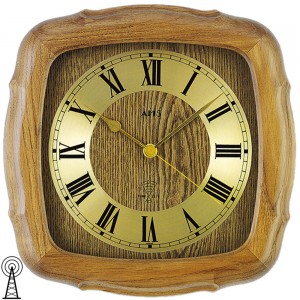 Funkwanduhr analog golden Holz Eiche massiv