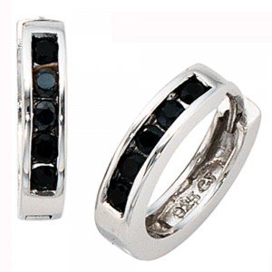 Creolen rund 925 Sterling Silber 10 Zirkonia schwarz Ohrringe Silbercreolen