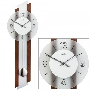 Wanduhr Quarz mit Pendel silbern Holz nussbaum farben Pendeluhr Glas
