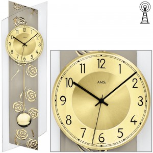 Funkwanduhr mit Pendel golden Pendeluhr Glas Rosen Dekor