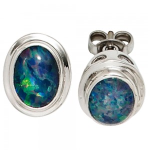 Ohrstecker oval 585 Weißgold 2 Opaltripletten Ohrringe Goldohrstecker