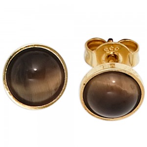 Ohrstecker rund 333 Gelbgold 2 Tigeraugen braun Ohrringe Goldohrstecker