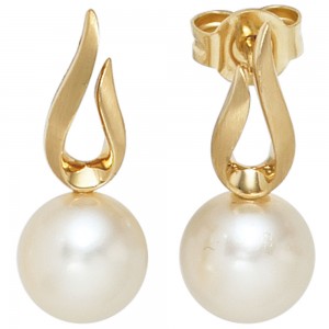 Ohrstecker 585 Gelbgold mattiert 2 Süßwasser Perlen Ohrringe Goldohrstecker