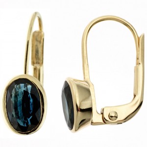 Boutons oval 333 Gelbgold 2 Safire blau Ohrringe Ohrhänger Goldohrringe