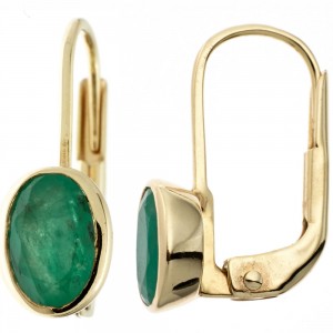 Boutons oval 333 Gelbgold 2 Smaragde grün Ohrringe Ohrhänger Goldohrringe