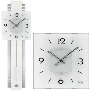 Wanduhr Quarz mit Pendel silber weiß Pendeluhr mit Aluminium und Glas
