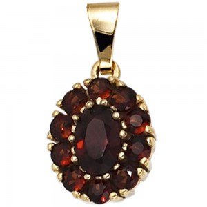 Anhänger oval 375 Gelbgold 11 Granate rot