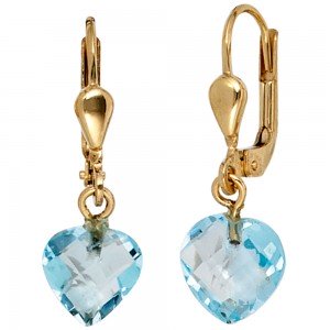 Boutons Herz 585 Gelbgold 2 Blautopase hellblau blau Ohrringe Ohrhänger