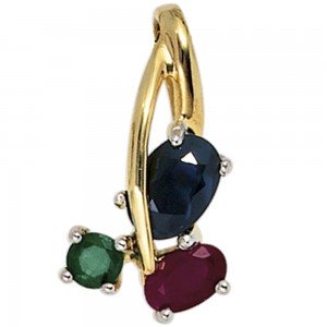 Anhänger 585 Gelbgold bicolor 1 Rubin 1 blauer Safir 1 Smaragd