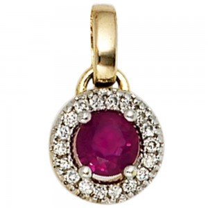 Anhänger rund 585 Gelbgold 18 Diamanten Brillanten 1 Rubin rot Goldanhänger