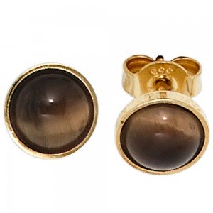 Ohrstecker rund 333 Gelbgold 2 Tigeraugen braun Ohrringe Goldohrstecker